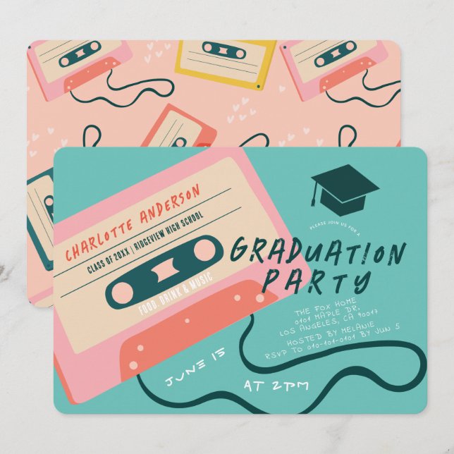 Cute 80's Pink Cassette Tape Music Graduation Invitation (Front/Back)