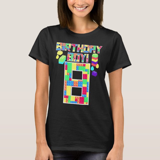 Cute 8th Birthday  8 Years Old Block Building Boys T-Shirt (Front)