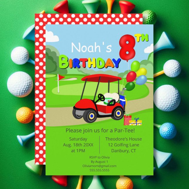Cute 8th Birthday Red Golf Cart Boy's Invitation (Creator Uploaded)