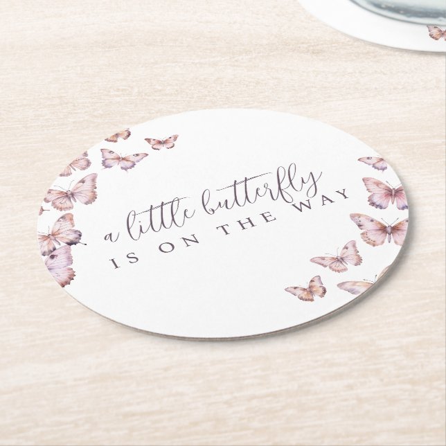 Cute A Little Butterfly Is On The Way Baby Shower Round Paper Coaster (Angled)