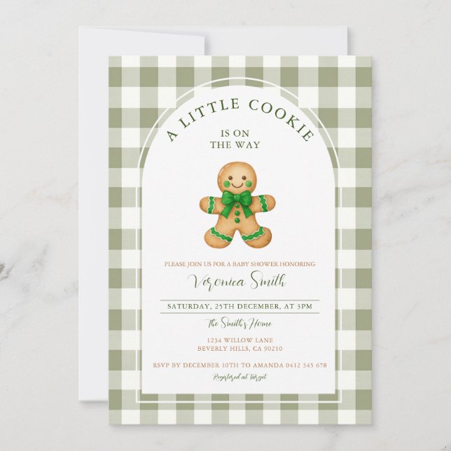 Cute A little Cookie baby shower green gingham  Invitation (Front)