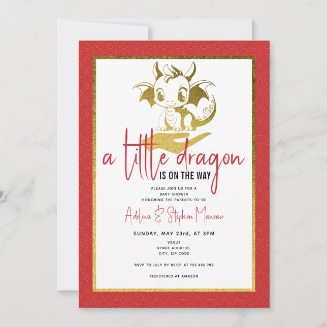 Cute A Little Dragon Is On The Way Red Baby Shower Invitation (Front)