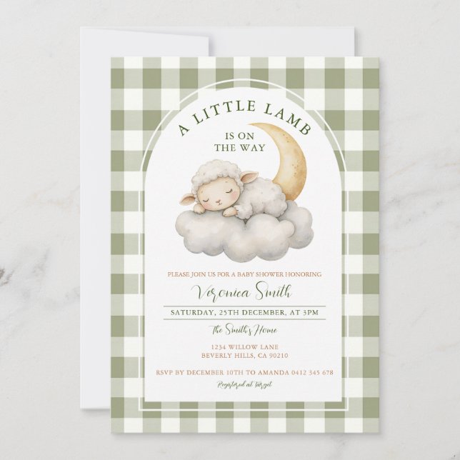 Cute A little lamb baby shower Boho green gingham  Invitation (Front)