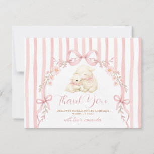 Cute A little lamb baby shower Pink Bow Stripe Thank You Card
