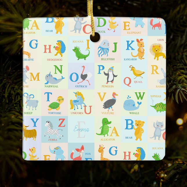 Cute ABC Animal Alphabet Pattern Name Christmas Ceramic Ornament (Creator Uploaded)
