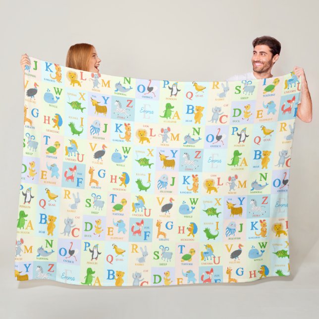 Cute ABC Animal Alphabet Pattern with First Name Fleece Blanket (In Situ)