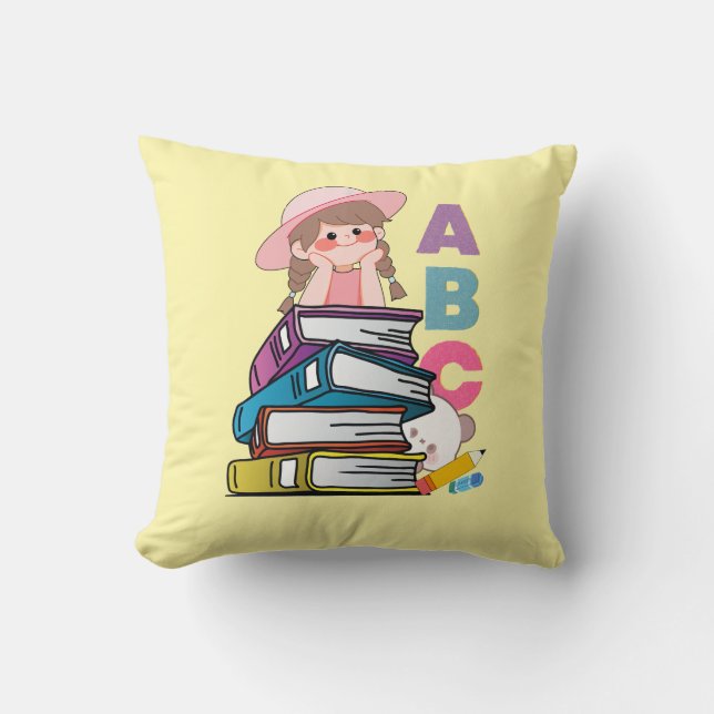 Cute ABC Books Girl Throw Pillow  (Front)