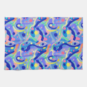 Cute Abstract Blue Pastel Neon Repeating Pattern Kitchen Towel
