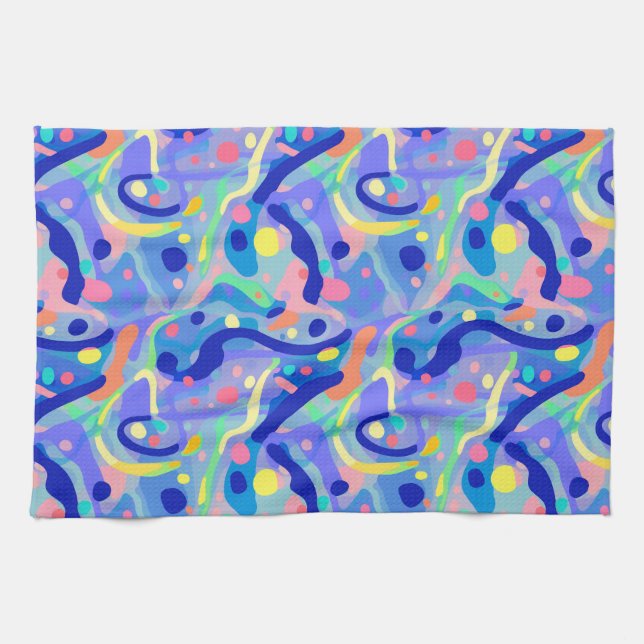 Cute Abstract Blue Pastel Neon Repeating Pattern Kitchen Towel (Horizontal)