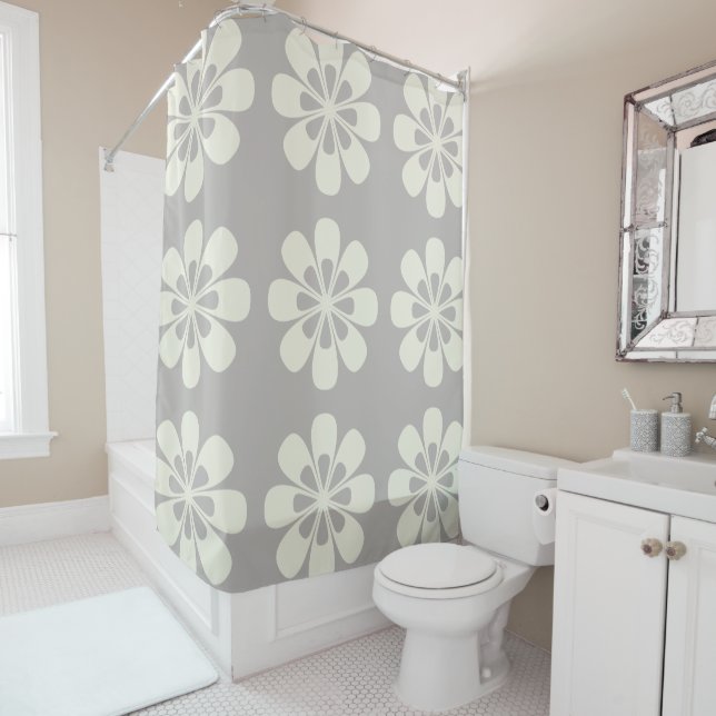 Cute Abstract Floral Cream Grey Shower Curtain (In Situ)