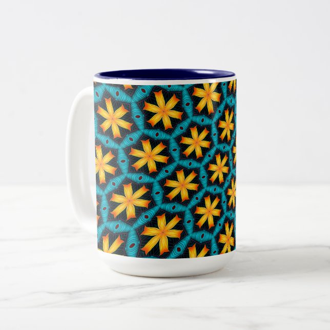 Cute Abstract Flowers Pattern Two-Tone Coffee Mug (Front Left)