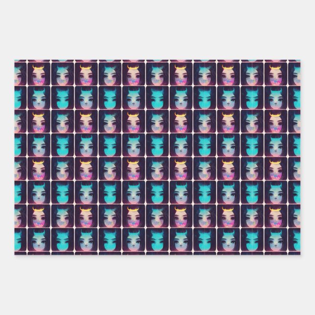 Cute Abstract Girl With Horns Pattern Wrapping Paper Sheet (Front)