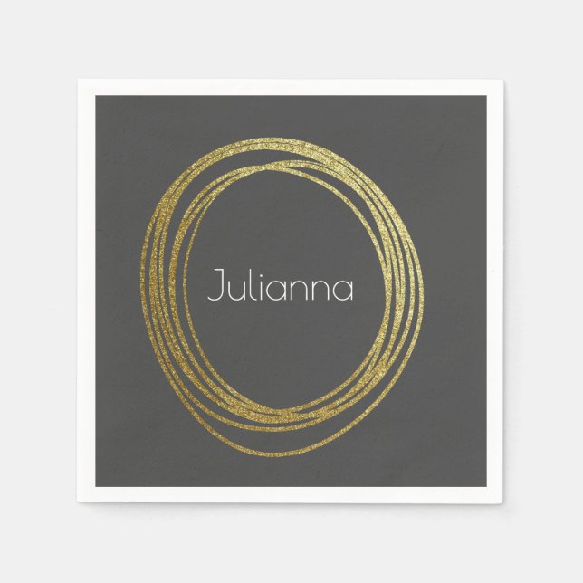 Cute Abstract Gold Glitter Personalized Black Napkin (Front)