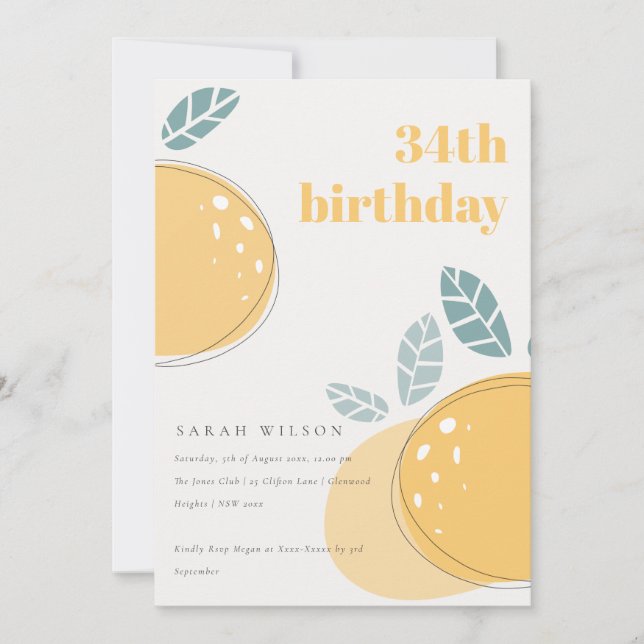 Cute Abstract Lemon Fruity Bold Any Age Birthday Invitation (Front)