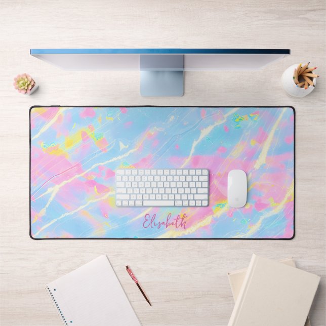 Cute Abstract Pastel Light Pink & Blue Marble Name Desk Mat (Office 1)