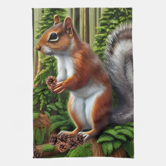 Cute Abstract Squirrel With Pinecones Kitchen Towel