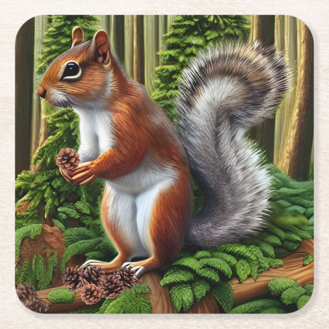 Cute Abstract Squirrel With Pinecones Square Paper Coaster (Front)