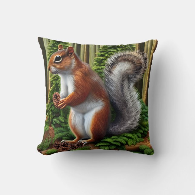 Cute Abstract Squirrel With Pinecones Throw Pillow (Front)