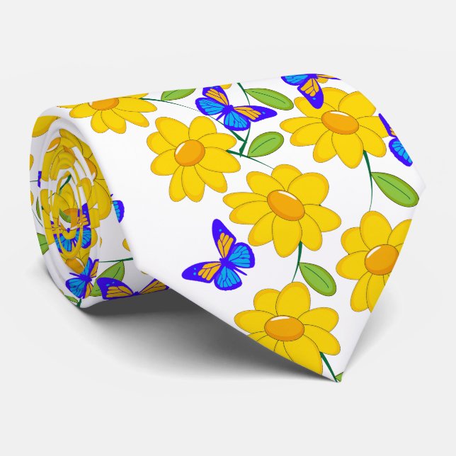 Cute abstract sunflower blue yellow butterfly tie (Rolled)