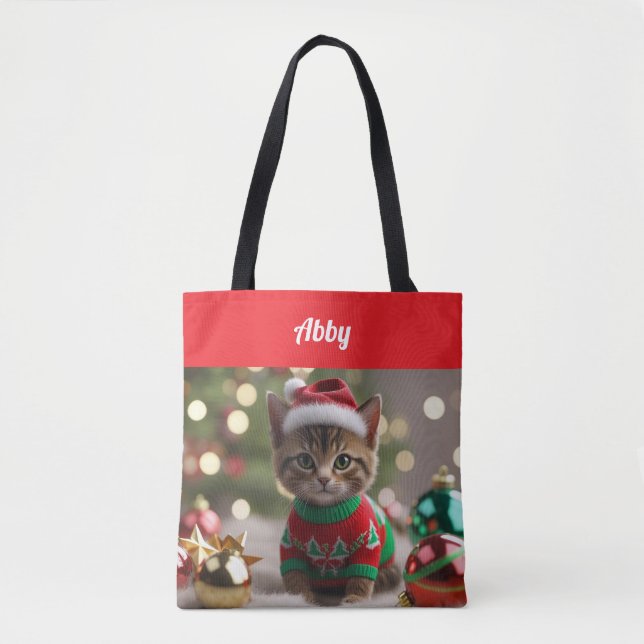 Cute Abyssinian Cat Christmas Personalized Tote Bag (Front)