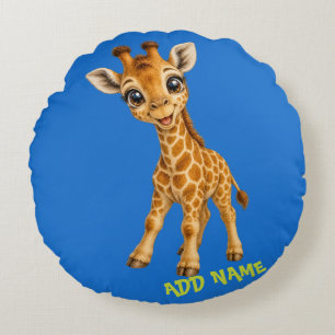 Cute Active Baby Animal Collection Giraffe Blue Round Pillow