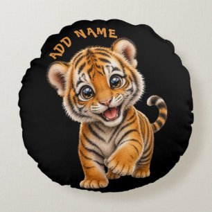 Cute Active Baby Animal Collection Tiger Black Round Pillow