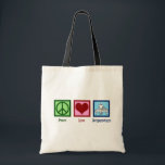 Cute Acupuncture Tote Bag<br><div class="desc">A cool acupuncturist gift featuring a pretty green peace sign, cute red heart, and a person practicing wellness and pain treatment through acupuncture. Peace Love Acupuncture.</div>