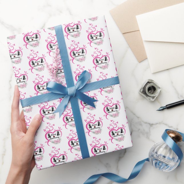 cute add names date Happy Anniversary couple Wrapping Paper (Gifting)