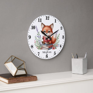 Cute add text fox reading lovers  large clock