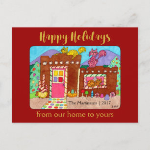 Cute Adobe Gingerbread House & Cats Holiday Postcard