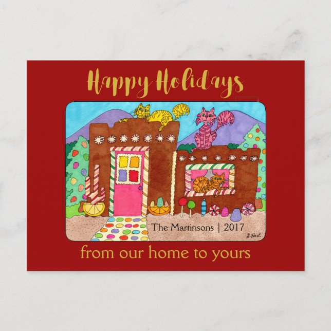Cute Adobe Gingerbread House & Cats Holiday Postcard (Front)