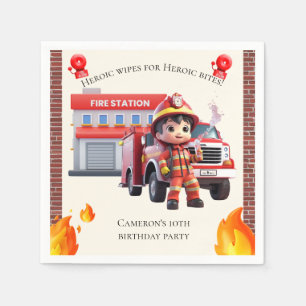 Cute Adorable 3D Firefighter Boy with Fire Truck Napkin