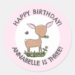 Cute adorable baby deer personalized birthday classic round sticker