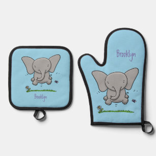 Cute adorable baby elephant cartoon illustration oven mitt & pot holder set