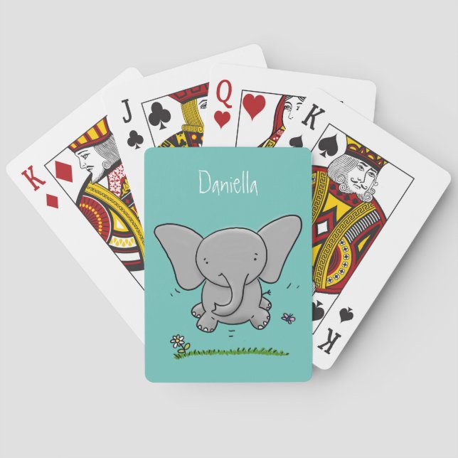 Cute adorable baby elephant cartoon illustration playing cards (Back)