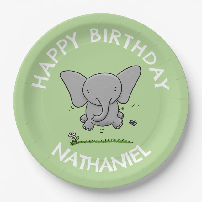 Cute adorable baby elephant personalized birthday paper plate (Front)