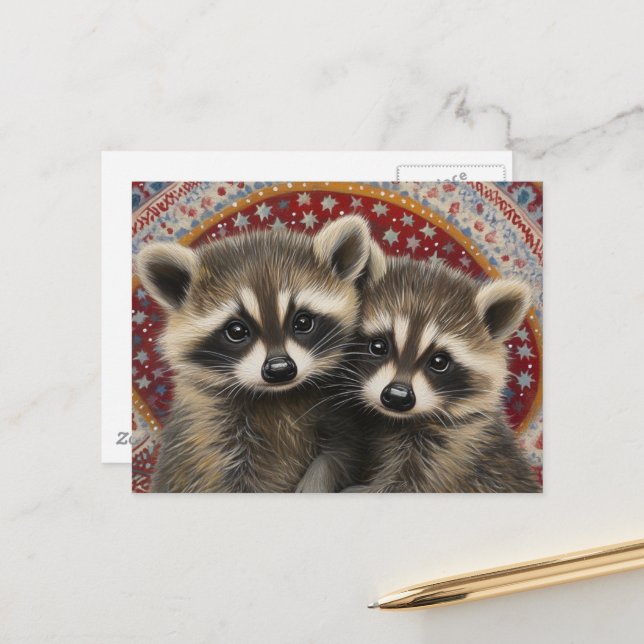 Cute Adorable Baby Raccoons Boho Postcard (Front/Back In Situ)