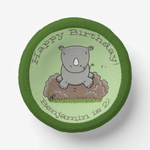 Cute adorable baby rhino cartoon illustration paper plate