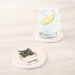 Cute Adorable Black Cat in Bucket Coaster