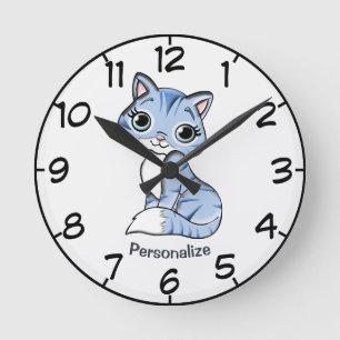 Cute & Adorable Blue Kitten Cartoon Personalize Round Clock