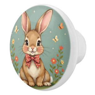 Cute adorable brown bunny with bow tie ceramic knob