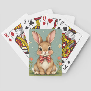 Cute adorable brown bunny with bow tie playing cards