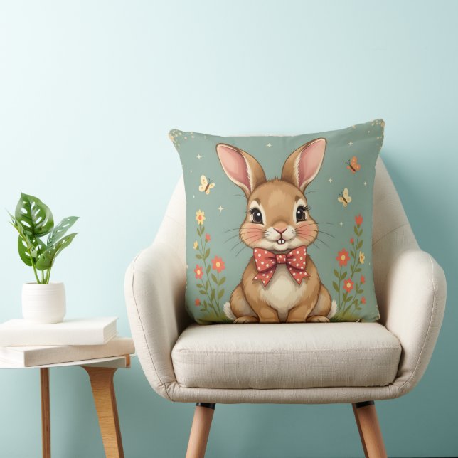 Cute adorable brown bunny with bow tie throw pillow (Chair)