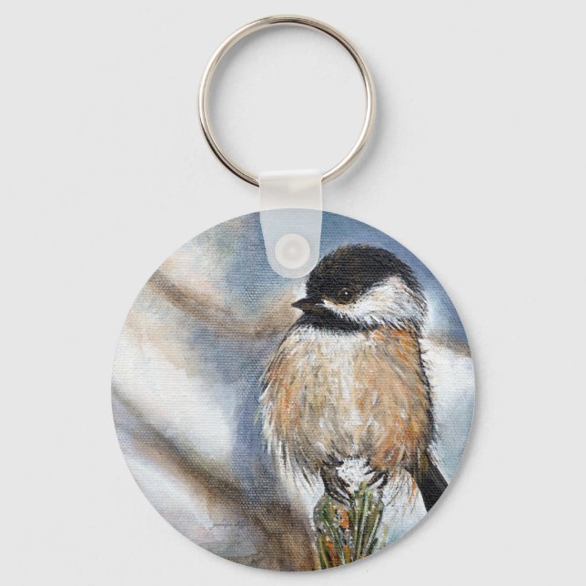 Cute Adorable Chickadee Winter Painting Keychain (Front)