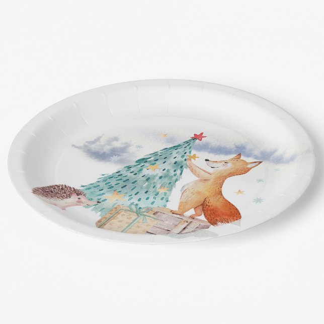 Cute adorable Christmas fox Paper Plate (Angled)