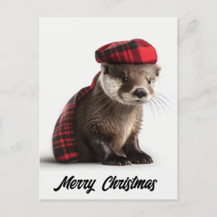 Cute Adorable Christmas Otter in Plaid Holiday Postcard