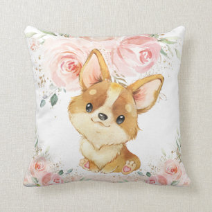 Cute Adorable Corgi Dog Blush Pink Floral Girl Throw Pillow