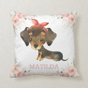 Cute Adorable Dachshund Dog Blush Pink Floral Girl Throw Pillow