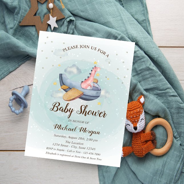 Cute Adorable Dino Airplane Stars Baby Shower Invitation (Creator Uploaded)