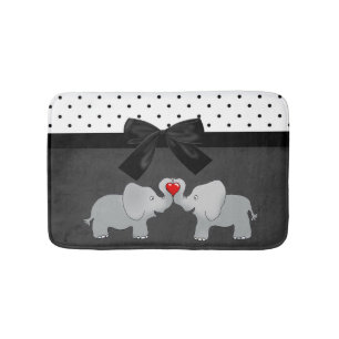 Cute Adorable Elephants,Polka Dots,Black Bow Bath Mat